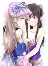 Rule 34 | 2girls, atelier (series), atelier totori, bare shoulders, black hair, blonde hair, blue dress, blush, clothes pull, dress, dress pull, female focus, grey eyes, hair ornament, hat, long hair, maromi (am97), mimi houllier von schwarzlang, multiple girls, off shoulder, ponytail, pulling another&#039;s clothes, purple dress, red eyes, simple background, totooria helmold, yuri