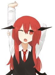 Rule 34 | 1girl, arm up, bad id, bad pixiv id, demon girl, demon wings, head wings, hinami047, koakuma, long hair, long sleeves, looking at viewer, necktie, one eye closed, open mouth, red eyes, red hair, shirt, solo, stretching, tears, touhou, very long hair, vest, wings