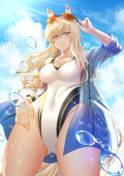 Rule 34 | 1girl, animal ear fluff, animal ears, arknights, arm up, bare shoulders, blonde hair, blue jacket, blue sky, breasts, cloud, commentary, commission, competition swimsuit, covered navel, cowboy shot, day, english commentary, eyewear on head, gluteal fold, grin, hair between eyes, highres, horse girl, jacket, long hair, long sleeves, looking at viewer, medium breasts, nearl (arknights), nearl (shimmering dew) (arknights), off shoulder, official alternate costume, one-piece swimsuit, open clothes, open jacket, see-through, sky, smile, solo, standing, sunglasses, swimsuit, swimsuit cover-up, thighs, very long hair, villyane, water drop, white one-piece swimsuit, yellow eyes