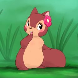 Rule 34 | 1970s (style), 1girl, bannertail: the story of gray squirrel, black eyes, blush, enorapi, furry, furry female, grass, hair ribbon, no humans, oldschool, open mouth, outdoors, ribbon, solo, squirrel, sue (bannertail)