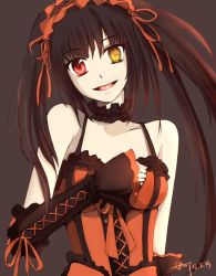 Rule 34 | &gt;:d, 10s, 1girl, :d, black hair, clock eyes, date a live, dated, detached sleeves, ghost (lalagains), gothic lolita, grey background, hand on own chest, heterochromia, highres, lolita fashion, open mouth, red eyes, smile, solo, symbol-shaped pupils, tokisaki kurumi, twintails, v-shaped eyebrows