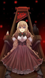 Rule 34 | 1girl, bird, blonde hair, blue eyes, crow, english text, guillotine, highres, long hair, looking at viewer, okina (805197), original, shaded face, sitting, smile, solo