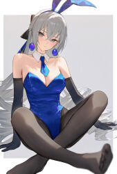 Rule 34 | 1girl, ai-assisted, amiki 2, animal ears, bare shoulders, black gloves, black pantyhose, blue leotard, blue neckerchief, bow, bowtie, breasts, bronya rand, cleavage cutout, clip studio paint (medium), closed mouth, clothing cutout, detached collar, double-parted bangs, drill hair, earrings, elbow gloves, fake animal ears, foot out of frame, gloves, grey background, grey hair, hair between eyes, head tilt, highres, honkai: star rail, honkai (series), jewelry, leotard, long hair, looking at viewer, medium breasts, multicolored background, neckerchief, no shoes, pantyhose, playboy bunny, rabbit ears, simple background, sitting, solo, strapless, strapless leotard, traditional bowtie, very long hair, white background