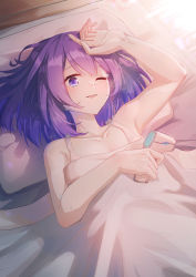 Rule 34 | 1girl, absurdres, armpits, bed, blanket, caisena, chinese commentary, commentary request, dress, gradient hair, hand on own head, hand up, highres, honkai (series), honkai impact 3rd, looking at viewer, lying, multicolored hair, object request, on back, one eye closed, open mouth, pillow, purple eyes, purple hair, seele vollerei, short hair, smile, spaghetti strap, sweat, under covers, white dress