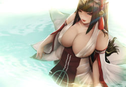 Rule 34 | 1girl, bare shoulders, black eyes, black hair, breasts, cleavage, detached sleeves, from above, highres, large breasts, long hair, milk-doll, original, partially submerged, solo, water