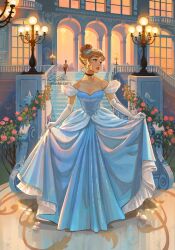Rule 34 | 1girl, aristocratic clothes, artist name, black choker, blonde hair, blue dress, blue eyes, choker, cinderella, cinderella (disney), dress, earrings, elbow gloves, european architecture, gloves, highres, jewelry, lamp, looking to the side, night, outdoors, signature, solo focus, strapless, strapless dress, toshiasan, updo, white gloves