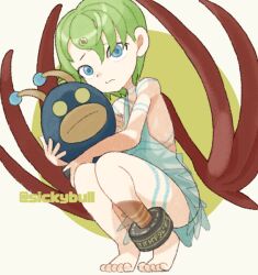 Rule 34 | 1girl, anklet, bare shoulders, barefoot, blue eyes, body markings, breath of fire, breath of fire v, closed mouth, dress, green hair, grey dress, jewelry, nina (breath of fire v), red wings, short hair, sicky (pit-bull), solo, squatting, twitter username, wings