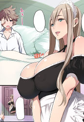Rule 34 | apron, bare shoulders, blush, breasts, brown hair, cleavage, comic, green eyes, huge breasts, long hair, maid, maid apron, maid headdress, neck ribbon, open mouth, poin (hidsuki), ribbon, thighhighs, zettai ryouiki