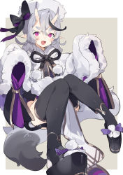 Rule 34 | 1girl, black bow, black thighhighs, blush, bow, fake tail, fang, full body, fur trim, geta, grey background, hair between eyes, hat, highres, horns, japanese clothes, long hair, long sleeves, looking at viewer, mole, mole on thigh, mole under mouth, nijisanji, oni, open mouth, pointy ears, purple eyes, rindou mikoto, sh (shinh), simple background, sitting, skin-covered horns, skin fang, sleeves past fingers, sleeves past wrists, smile, solo, tabi, tail, thick eyebrows, thighhighs, virtual youtuber, white hat, wide sleeves