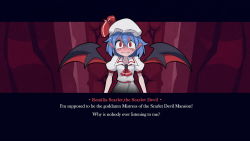 Rule 34 | 1girl, ascot, bat wings, blue hair, blush, cup, dress, drinking glass, english text, fake screenshot, fang, flustered, hat, hat ribbon, helltaker, looking at viewer, official style, red eyes, remilia scarlet, ribbon, smirk, solo, tears, touhou, visual novel, wine glass, wings, z.o.b