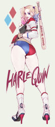 Rule 34 | 1girl, ass, baseball bat, batman (series), blonde hair, blue eyes, blue hair, boots, character name, dc comics, dccu, full body, harley quinn, high heel boots, high heels, matching hair/eyes, pink hair, short shorts, shorts, smile, solo, suicide squad, tabe koji, thick thighs, thighs, twintails
