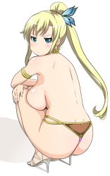 Rule 34 | 1girl, armlet, ass, blonde hair, blue eyes, blush, boku wa tomodachi ga sukunai, breasts, butterfly hair ornament, cosplay, earrings, frown, hair ornament, high heels, highres, hoop earrings, jewelry, kashiwazaki sena, large breasts, long hair, looking at viewer, looking back, open shoes, panties, ponytail, sandals, shiny skin, shoes, simple background, solo, squatting, thong, tonotyama, topless, underwear, white background