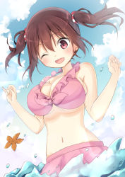 Rule 34 | 10s, 1girl, ;d, bad id, bad pixiv id, bikini, blush, breasts, brown hair, chm (macharge), ebina nana, hair ornament, himouto! umaru-chan, large breasts, navel, one eye closed, open mouth, partially submerged, pink bikini, pink eyes, short hair, smile, solo, swimsuit, twintails, water, wavy mouth