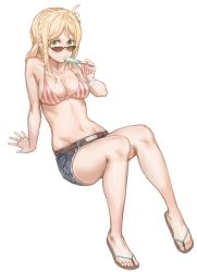 Rule 34 | 10s, 1girl, absurdres, arm support, bare legs, bikini, bikini top only, blonde hair, braid, breasts, cleavage, collarbone, cutoffs, feet, flip-flops, food, free style (yohan1754), french braid, full body, glasses, green eyes, highres, leaning back, looking at viewer, looking over eyewear, looking over glasses, love live!, love live! sunshine!!, medium breasts, midriff, mouth hold, navel, ohara mari, popsicle, sandals, short shorts, shorts, solo, sunglasses, swimsuit, tinted eyewear, toes, wristband
