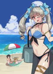 Rule 34 | 3girls, ;d, absurdres, alternate hair ornament, anchovy (girls und panzer), armlet, back, bag, beach, beach umbrella, bikini, bikini shorts, black bikini, black choker, black hair, black sarong, blonde hair, blue bikini, blue bow, blue sky, blush, bottle, bow, braid, breasts, brown eyes, carpaccio (girls und panzer), carrying, choker, cleavage, closed mouth, cloud, cloudy sky, commentary, criss-cross halter, curvy, day, drill hair, earrings, front-tie bikini top, front-tie top, girls und panzer, green bikini, green eyes, green hair, grin, hair bow, halterneck, hat, highleg, highleg bikini, highres, holding, holding bottle, horizon, jewelry, kshimu, long hair, looking at viewer, looking back, lying, medium breasts, mismatched bikini, multiple girls, navel, ocean, on stomach, one-piece swimsuit, one eye closed, open mouth, outdoors, pepperoni (girls und panzer), red eyes, sarong, satchel, see-through, shiny skin, short hair, shorts, side-tie bikini bottom, side braid, sitting, sky, smile, soda bottle, standing, string bikini, sun hat, swimsuit, thigh strap, twin drills, twintails, umbrella, white headwear, white one-piece swimsuit, yellow bikini