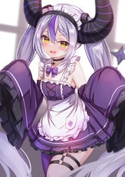 Rule 34 | 1girl, :d, alternate costume, apron, black choker, blush, choker, commentary request, demon horns, detached sleeves, dress, enmaided, fang, frilled apron, frilled dress, frilled sleeves, frills, hair between eyes, highres, hololive, horns, la+ darknesss, long hair, long sleeves, looking at viewer, maid, maid headdress, multicolored hair, open mouth, purple dress, purple hair, purple legwear, silver hair, single leg pantyhose, sleeves past fingers, sleeves past wrists, smile, solo, standing, streaked hair, thigh strap, twintails, very long hair, virtual youtuber, white apron, wide sleeves, yellow eyes, yuano