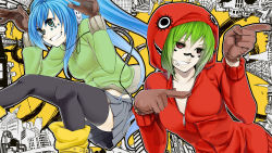 Rule 34 | 2girls, alternate hair color, black legwear, blue eyes, blue hair, boots, brown gloves, cable, city, cityscape, eyelashes, gloves, green hair, grin, gumi, hands up, hatsune miku, headphones, highres, hood, hoodie, jumping, leaning forward, leather, leather gloves, lip piercing, lip ring, matryoshka (vocaloid), miniskirt, multiple girls, piercing, pleated skirt, poaro, pointing, red eyes, ringed eyes, skirt, smile, tattoo, thighhighs, vocaloid, zipper