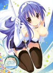 Rule 34 | 1girl, absurdres, between legs, black thighhighs, blue hair, blush, breasts, cape, cleavage, elbow gloves, from above, gloves, headdress, highres, kannagi rei, kujou ria, large breasts, long hair, looking up, sitting, smile, solo, thighhighs, twinkle crusaders, wariza, yellow eyes