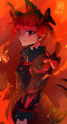 Rule 34 | 1girl, absurdres, bow, braid, cat tail, dress, extra ears, fire, green dress, highres, ichirugi, kaenbyou rin, looking at viewer, multiple tails, nekomata, pointy ears, profile, red background, red eyes, red hair, slit pupils, solo, sparks, tail, timestamp, touhou, tsurime, twin braids, two tails