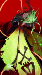Rule 34 | 1boy, antenna hair, beelzebub (megami tensei), green hair, helmet, hou (ppo), insect wings, long hair, looking at viewer, male focus, red background, red eyes, shin megami tensei, shin megami tensei devil children, simple background, skull and crossbones, smile, solo, spiked helmet, spikes, very long hair, wings