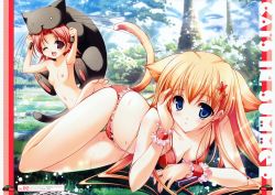 Rule 34 | 2girls, absurdres, animal ears, arm garter, barefoot, bikini, blonde hair, blue eyes, breasts, cat ears, cat tail, cleavage, flat chest, highres, huge filesize, medium breasts, misakura nankotsu, multiple girls, navel, nipples, nude, one eye closed, open mouth, small breasts, smile, swimsuit, tail, thigh gap, thighs, wet, wink, wrist cuffs