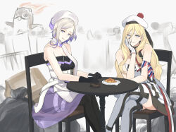Rule 34 | 2girls, beret, black gloves, blonde hair, blue eyes, bokukawauso, bread, closed mouth, croissant, fire, food, gloves, hand on own face, hat, highres, jean bart (kancolle), kantai collection, long hair, looking at viewer, mole, mole under eye, mole under mouth, multicolored clothes, multicolored gloves, multiple girls, odachu, open mouth, pom pom (clothes), richelieu (kancolle), short hair, sitting, table, thighhighs, trash bag, white gloves, white headwear, white thighhighs