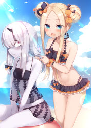 Rule 34 | 2girls, abigail williams (fate), adjusting another&#039;s hair, beach, bikini, black bikini, black bow, blonde hair, blue eyes, blue sky, blush, bow, closed mouth, cloud, commentary request, day, double bun, emerald float, fate/grand order, fate (series), hair bow, lavinia whateley (emerald float) (fate), lavinia whateley (fate), long hair, looking at another, multiple girls, navel, ocean, official alternate costume, open mouth, orange bow, pale skin, polka dot, polka dot bow, red eyes, sazaki ichiri, short hair, sitting, sky, spoken blush, standing, sunlight, swimsuit, wavy mouth, white hair