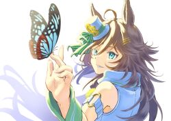 Rule 34 | 1girl, ahoge, animal ears, armband, brown hair, bug, butterfly, butterfly on hand, green eyes, hair ornament, hairclip, hat, horse ears, insect, jacket, long hair, looking to the side, mini hat, mini top hat, mr. c.b. (umamusume), nogi (jczu7445), open mouth, outstretched arm, single sleeve, smile, solo, teeth, top hat, umamusume, upper body, white jacket, wrist cuffs