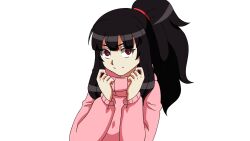 Rule 34 | 1girl, animated, animated gif, black hair, commentary, commission, english commentary, highres, looking up, original, ponytail, red eyes, rikeza, sidelocks, simple background, smile, solo, sweater, turtleneck, turtleneck sweater, upper body, white background