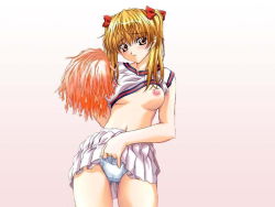 Rule 34 | 00s, 1girl, blonde hair, blush, breast slip, breasts, cheerleader, clothes lift, frilled panties, frills, jpeg artifacts, lifted by self, medium breasts, nipples, no bra, one breast out, panties, pink eyes, pom pom (cheerleading), sawachika eri, school rumble, shirt lift, skirt, skirt lift, solo, twintails, underwear