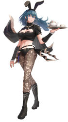 Rule 34 | 1girl, absurdres, animal ears, bikini, bikini bottom only, black bikini, black cape, blue eyes, blue hair, boots, breasts, brown pantyhose, bunny day, byleth (female) (fire emblem), byleth (fire emblem), cape, cleavage, closed mouth, crop top, cup, dagger, expressionless, fake animal ears, fire emblem, fire emblem: three houses, floating hair, full body, gonzarez, hair between eyes, highres, holding, holding cup, holding tray, holster, knife, lace, lace-trimmed legwear, lace trim, large breasts, leotard, long hair, looking at viewer, midriff, navel, nintendo, pantyhose, pink lips, playboy bunny, print pantyhose, rabbit ears, sheath, sheathed, short sleeves, simple background, solo, stomach, swimsuit, teacup, teapot, thighs, tray, vambraces, weapon, white background
