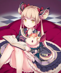Rule 34 | 1girl, animal, black dress, blonde hair, blurry, blurry background, book, bow, convenient censoring, depth of field, double bun, dress, frilled dress, frills, hair bow, hair bun, hair ornament, highres, holding, layered dress, long hair, long sleeves, looking at viewer, luna (shadowverse), medium dress, parted lips, pillow, red bow, shadowverse, sitting, solo, twintails, very long hair, wan (calvin840203), yellow eyes