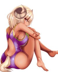 Rule 34 | 1girl, animal ears, armpits, bare arms, bare legs, bare shoulders, barefoot, blonde hair, breasts, competition swimsuit, dark-skinned female, dark skin, from side, horns, hugging own legs, large breasts, looking at viewer, looking to the side, nana (mogs1225), one-piece swimsuit, original, parted lips, pink eyes, platinum blonde hair, profile, purple one-piece swimsuit, sheep ears, sheep horns, sheep tail, sideboob, sitting, solo, swimsuit, tail