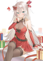 Rule 34 | 1girl, alternate costume, alternate eye color, alternate hairstyle, animal ears, bare shoulders, belt, black thighhighs, blue eyes, box, breasts, bridal gauntlets, christmas, cleavage, closed mouth, commentary, covered navel, crossed legs, dress, elbow gloves, garter straps, gift, gift box, gloves, grey hair, hair between eyes, hair ribbon, halter dress, halterneck, highres, hololive, lace, lace-trimmed legwear, lace-trimmed thighhighs, lace trim, large breasts, light blush, lion ears, long hair, looking at viewer, messy hair, one side up, red dress, red gloves, red ribbon, ribbon, see-through, see-through cleavage, shishiro botan, short dress, sitting, smile, solo, takumi11, thighhighs, very long hair, virtual youtuber