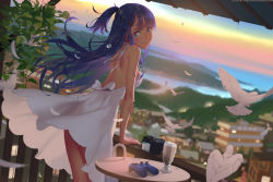 Rule 34 | 1girl, bird, blue eyes, braid, bubble tea, building, camera, city, city lights, closed mouth, controller, dress, dutch angle, feathers, glass, hanging plant, highres, hill, house, leaf, looking at viewer, looking back, ocean, original, parasol, plant, potted plant, purple hair, railing, river, scenery, seagull, sidelocks, sky, smile, sunset, umbrella, vines, vofan, water drop, watermark, wind, wind lift