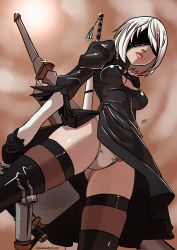 Rule 34 | 1girl, artist name, breasts, covered eyes, dress, female focus, highres, nier (series), nier:automata, short hair, standing, sword, traditional media, weapon, 2b (nier:automata)