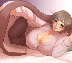 Rule 34 | 1girl, blanket, breasts, brown eyes, brown hair, cleavage, gigantic breasts, glasses, heart, hip focus, lying, open mouth, shirt, smile, solo, sweatdrop, tamanegiya, teeth, thick thighs, thighs, tongue, wide hips