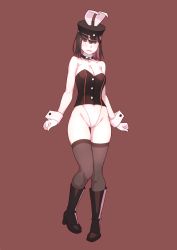 Rule 34 | 1girl, adapted costume, akitsu maru (kancolle), animal ears, black eyes, black footwear, black hair, boots, breasts, brown background, choker, cleavage, commentary request, fake animal ears, full body, grey thighhighs, hat, highleg, highleg leotard, highres, kantai collection, leotard, looking at viewer, medium breasts, multicolored clothes, multicolored hair, pale skin, peaked cap, playboy bunny, rabbit ears, rabbit tail, short hair, simple background, solo, standing, strapless, strapless leotard, tail, thigh gap, thighhighs, wrist cuffs, yuuji (and)