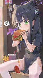 Rule 34 | 1girl, absurdres, animal, animal ears, bandaid, bandaid on arm, black dress, black hair, blue archive, blush, bug, burger, butterfly, chinese clothes, dress, eating, feet out of frame, food, green eyes, halo, highres, holding, holding burger, holding food, insect, korean text, long hair, merong (sou47897), purple halo, revision, short sleeves, shun (blue archive), shun (small) (blue archive), sitting, solo, speech bubble, thighhighs, white thighhighs