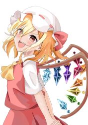 Rule 34 | 1girl, ascot, blonde hair, crystal wings, dress, flandre scarlet, from side, hat, hat ribbon, highres, looking at viewer, miya (user zsjh8384), open mouth, puffy short sleeves, puffy sleeves, red dress, red eyes, red ribbon, ribbon, short sleeves, simple background, solo, touhou, white background, white mob cap, yellow ascot