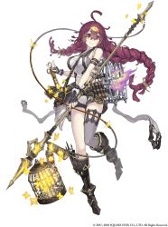 Rule 34 | 1girl, absurdres, ahoge, animal skull, asymmetrical hair, asymmetrical legwear, bag, bare shoulders, belt, blue eyes, boots, braid, breasts, bug, butterfly, cable, cage, canister, dorothy (sinoalice), fingerless gloves, full body, glasses, gloves, glowing butterfly, hair ornament, hairclip, highres, bug, ji no, knee boots, large breasts, long hair, looking at viewer, messy hair, official art, over-rim eyewear, polearm, purple hair, semi-rimless eyewear, shorts, shoulder bag, single thighhigh, sinoalice, smile, solo, spear, standing, standing on one leg, syringe, thighhighs, uneven legwear, weapon, white background