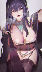 Rule 34 | 1girl, absurdres, bad id, bad pixiv id, black thighhighs, blush, breasts, breath, garter straps, gem, glowing, grey background, habit, hair between eyes, highres, holding, huge breasts, huge filesize, impossible clothes, kneeling, large breasts, long hair, looking at viewer, navel, open mouth, original, orn, purple hair, red eyes, saliva, simple background, sitting, solo, sweat, thighhighs