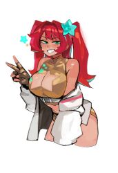 Rule 34 | 1girl, 33dot, belt, blush, breasts, cleavage, cleavage cutout, clothing cutout, crop top, fingerless gloves, gloves, gold gloves, golden week, green eyes, hair ornament, highres, kaatokun, large breasts, lyra (kaatokun), midriff, original, ponytail, red hair, shorts, sleeveless, solo, star (symbol), star hair ornament, turtleneck, twintails, v, white belt
