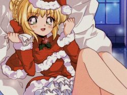 Rule 34 | 1990s (style), 1girl, :d, blonde hair, braid, braided bun, capelet, christmas, clenched hands, commentary, crown braid, dress, english commentary, fate/grand order, fate (series), fur-trimmed capelet, fur-trimmed dress, fur-trimmed headwear, fur trim, green eyes, hair bun, hair ribbon, hands up, hat, highres, indoors, komi shou, looking at viewer, meme, nero claudius (fate), nero claudius (fate) (all), nero claudius (fate/extra), night, open mouth, padoru (meme), pom pom (clothes), red capelet, red dress, red hat, red ribbon, retro artstyle, ribbon, sack, santa costume, santa hat, smile, solo, window
