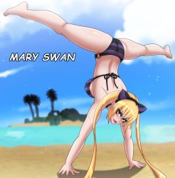 Rule 34 | 1girl, :3, absurdres, ass, beach, bikini, blonde hair, character name, cloud, dimples of venus, english text, flat ass, handstand, highres, island, long hair, looking at viewer, mary swan, o-ring, o-ring bikini, o-ring bottom, original, purple eyes, shiny skin, sky, solo, split, spread legs, striped bikini, striped clothes, swimsuit, twintails, very long hair, water