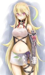 Rule 34 | &gt;:), 1girl, ahoge, armpit peek, arms at sides, bare shoulders, black gloves, blonde hair, blush, breasts, choker, cleavage, closed mouth, cowboy shot, elbow gloves, gloves, green hair, hair between eyes, long hair, looking at viewer, medium breasts, milla maxwell, miniskirt, multicolored hair, navel, pink eyes, pink hair, ryuusama, single elbow glove, skirt, smile, solo, stomach, streaked hair, tales of (series), tales of xillia, v-shaped eyebrows, very long hair, white skirt