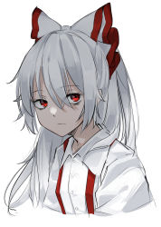 Rule 34 | 1girl, absurdres, bags under eyes, bow, buttons, collared shirt, expressionless, fujiwara no mokou, hair between eyes, hair bow, highres, hisha (kan moko), long hair, looking at viewer, ponytail, red eyes, shirt, sidelocks, simple background, sketch, slouching, solo, suspenders, tired, touhou, upper body, very long hair, white background, white bow, white hair, white shirt