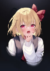 Rule 34 | 1girl, black vest, blonde hair, blush, collared shirt, darkness, fang, hair between eyes, hair ribbon, highres, long sleeves, open mouth, red eyes, red ribbon, ribbon, rumia, shirt, short hair, skin fang, solo, touhou, upper body, usushio, vest, white shirt