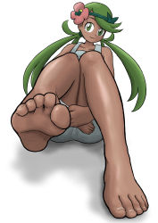 Rule 34 | 1girl, absurdres, barefoot, creatures (company), dark skin, feet, flower, flower on head, foot focus, game freak, green eyes, green hair, hair ornament, highres, long hair, looking at viewer, mallow (pokemon), nintendo, pokemon, pokemon sm, simple background, sitting, smile, soles, solo, toes, white background, yamamoto