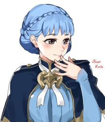 Rule 34 | 1girl, artist name, black eyes, blue dress, blue hair, blush, braid, closed mouth, commentary, commission, crown braid, dress, english commentary, fire emblem, fire emblem: three houses, hand to own mouth, highres, lips, looking away, marianne von edmund, nintendo, oliver koito, ribbon, short hair, simple background, smile, solo, white background, white ribbon